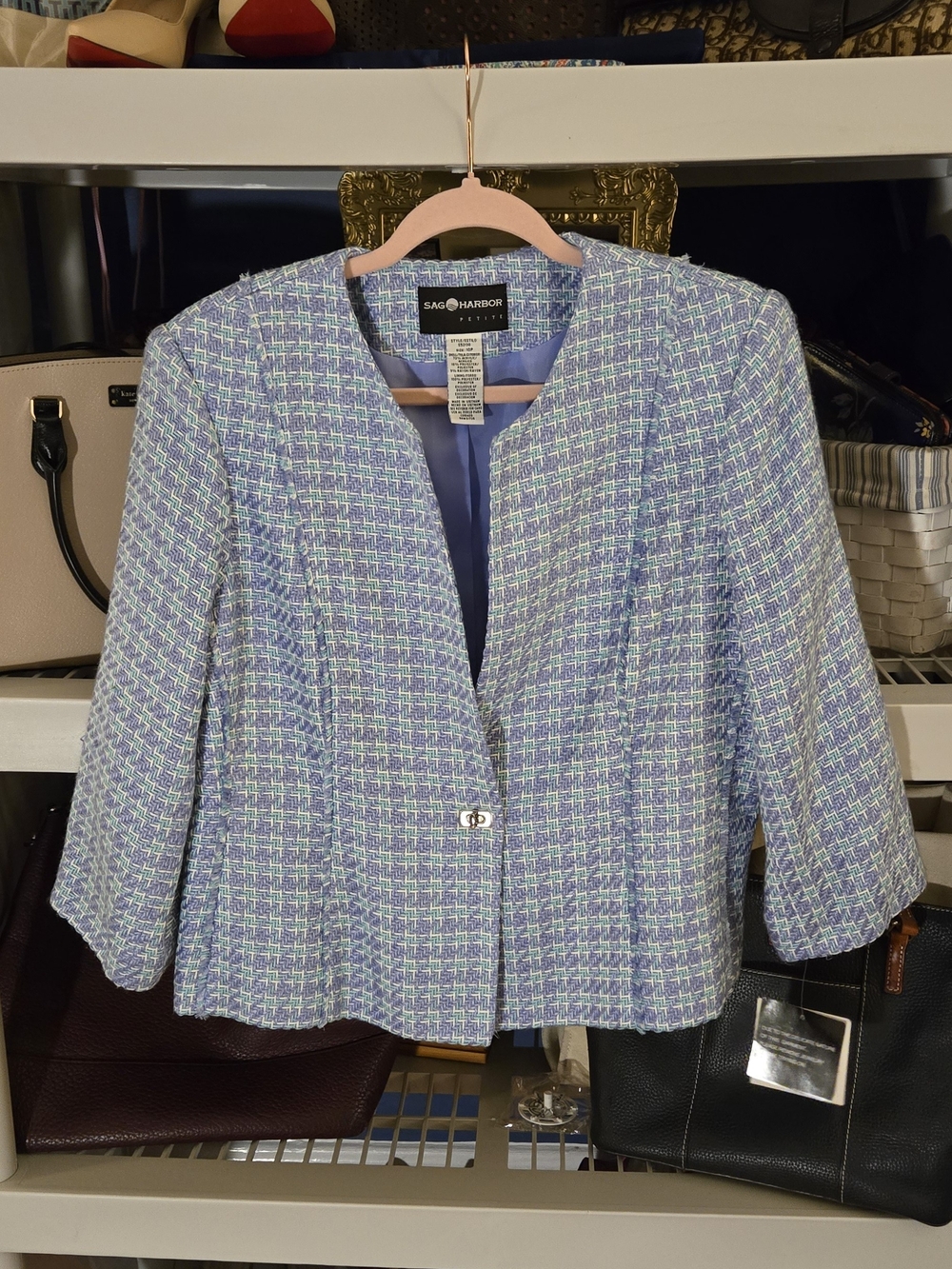 Sag Harbor NWT Cottagecore/Grannycore Lavender & Mint Tweed Collarless Blazer